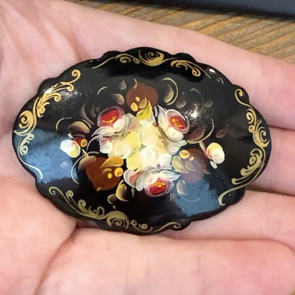 Russian Toleware Folk Art Black Flower Brooch Pin Hand Painted Signed